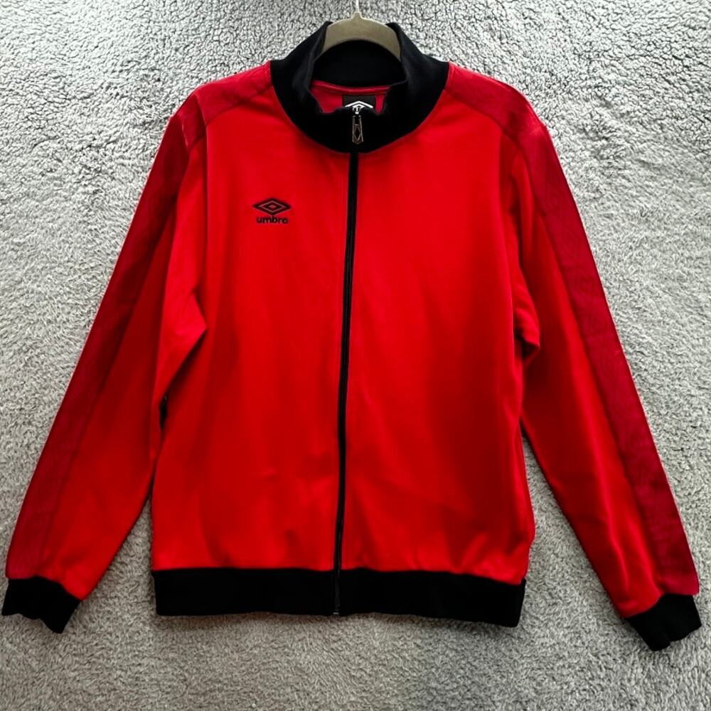 Umbro Men's Large Red Full Zip Jacket Diamond Arm Stripes Football Soccer Active
